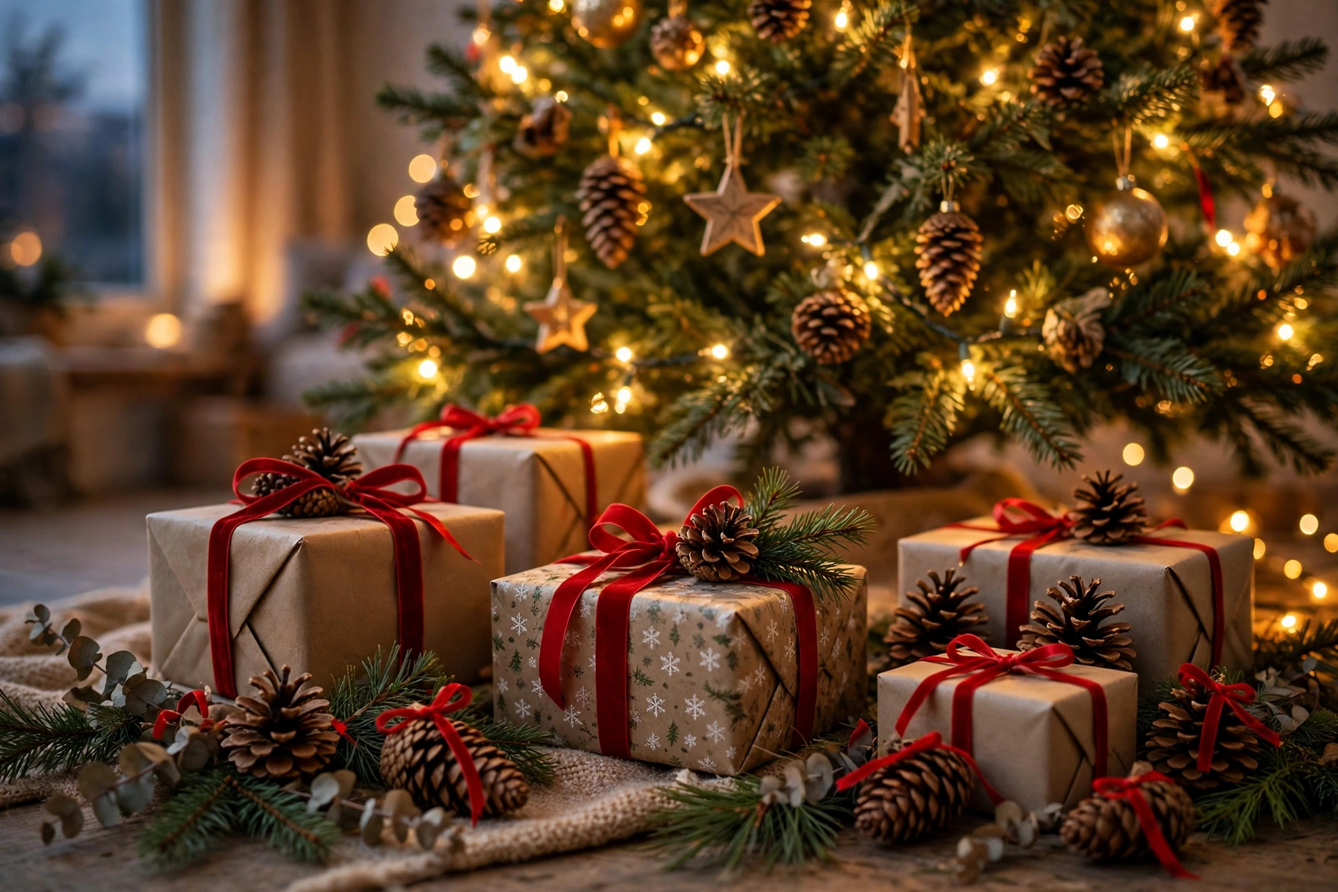 Wrapped gifts underneath a decorated Christmas tree