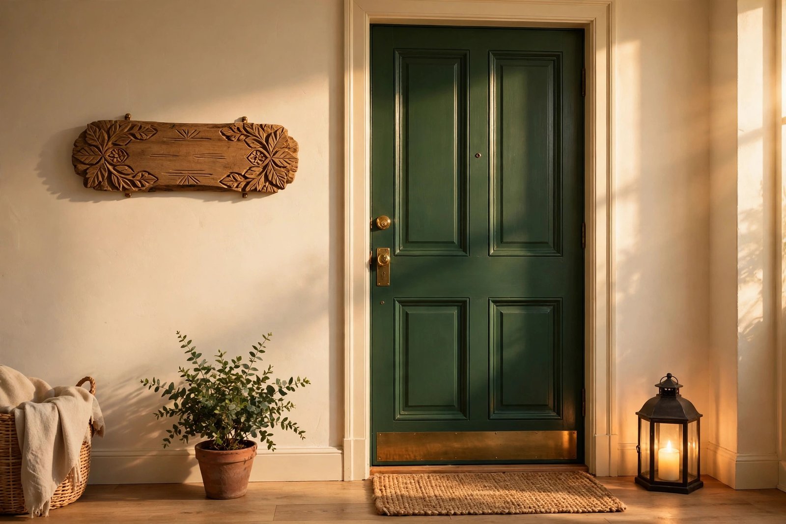 Entryway name plates ideas — a carved wooden name plate beside a green front door with a plant and lantern