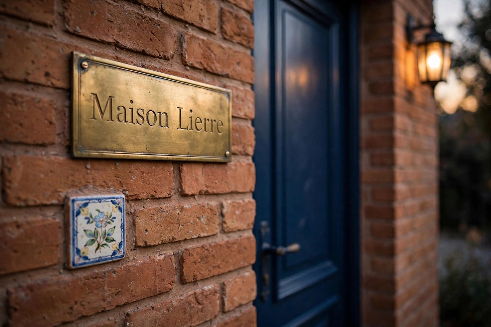Brass name plate and hand-painted ceramic tile on an entryway wall