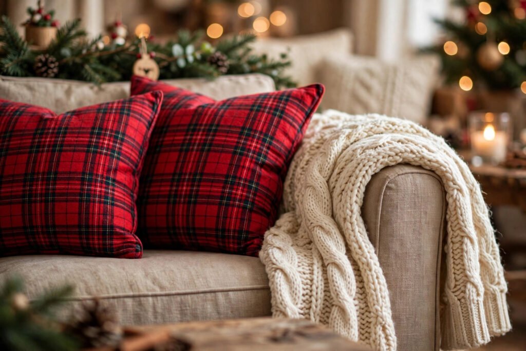 christmas sofa decor ideas: a beige sofa with two red plaid cushions and a cream chunky knit throw, with a pine garland with pinecones and a wooden ornament behind it