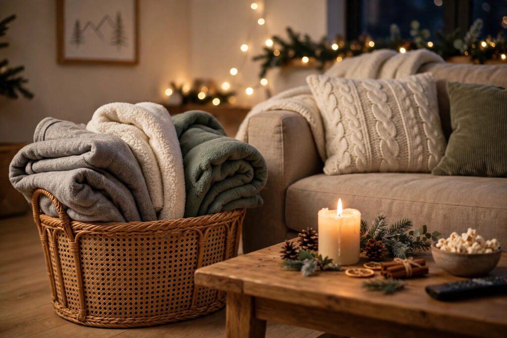 christmas sofa decor ideas: a beige sofa with cream cable-knit and green cushions beside a wicker basket of folded blankets, with a lit candle, pinecones and a bowl of popcorn on a wooden coffee table under warm fairy lights